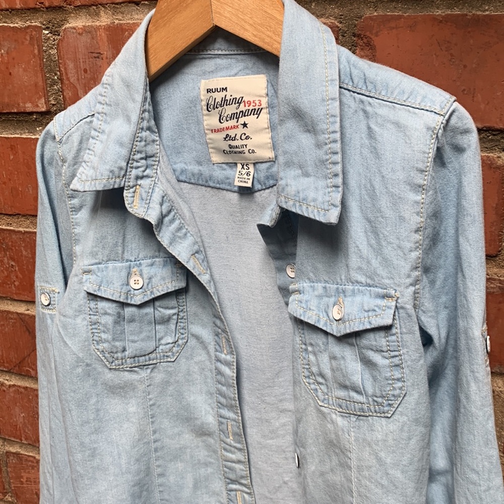 Ruum western style vintage light denim long sleeve button down for kids - Picture 2 of 9